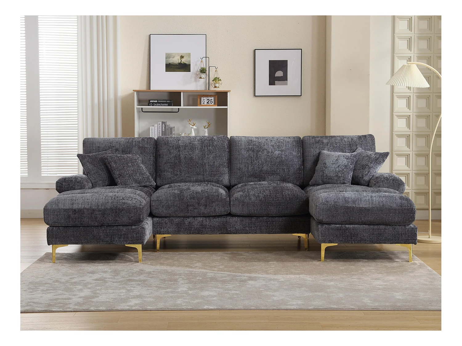 Canapé 4 Places Panoramique en Chenille Gris à Double Couche (272x136x88 cm) - Pieds Dorés pour un Confort Exceptionnel