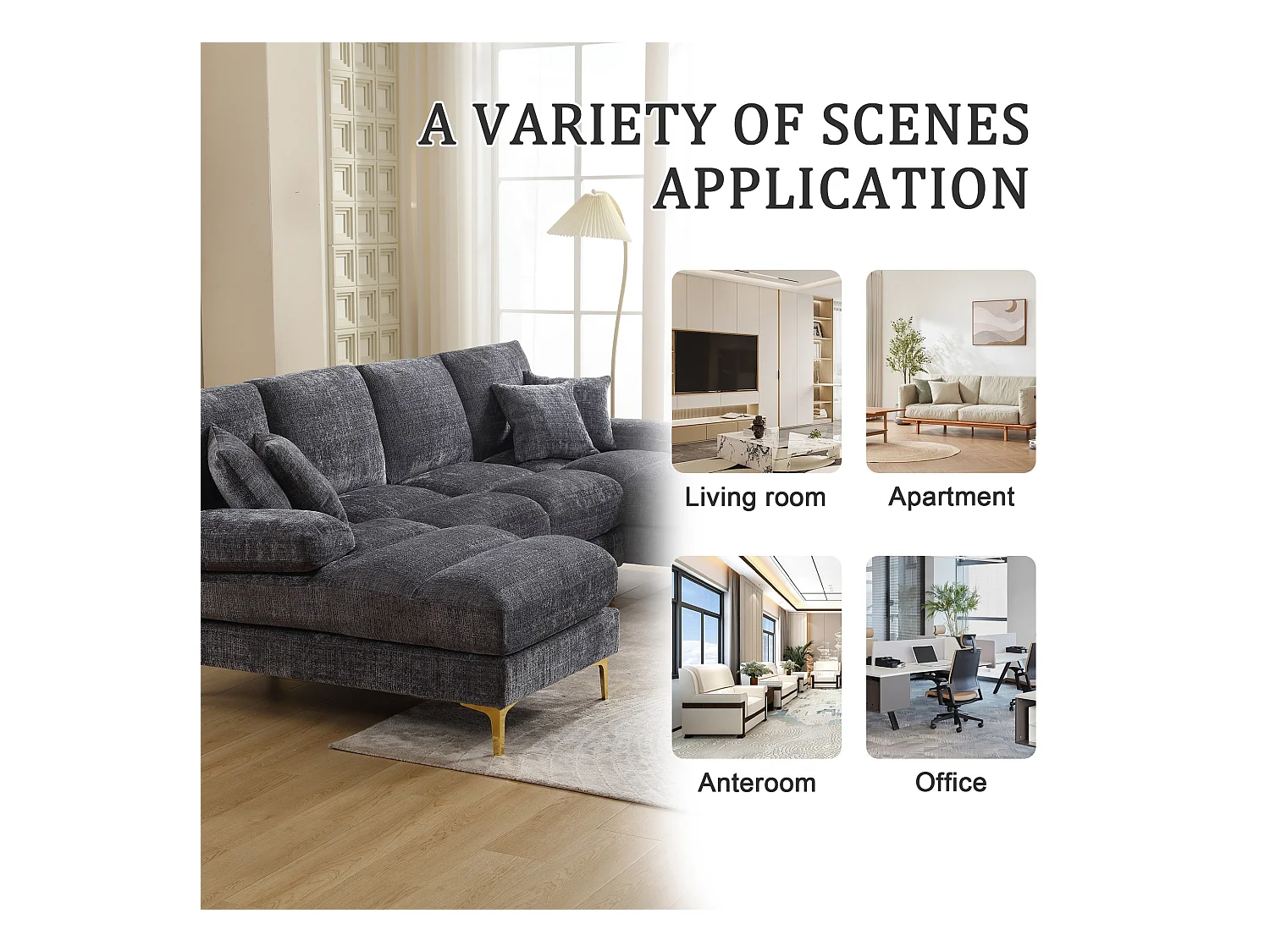 Canapé 4 Places Panoramique en Chenille Gris à Double Couche (272x136x88 cm) - Pieds Dorés pour un Confort Exceptionnel