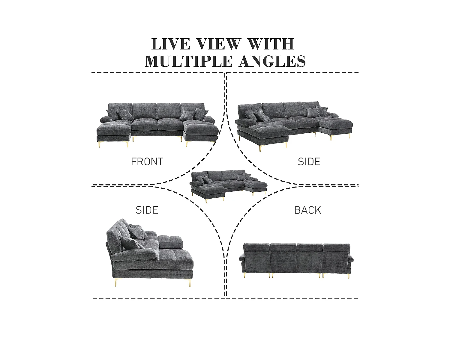 Canapé 4 Places Panoramique en Chenille Gris à Double Couche (272x136x88 cm) - Pieds Dorés pour un Confort Exceptionnel