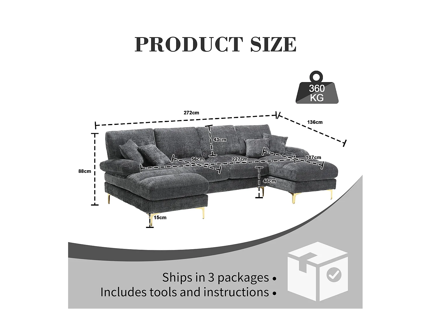 Canapé 4 Places Panoramique en Chenille Gris à Double Couche (272x136x88 cm) - Pieds Dorés pour un Confort Exceptionnel