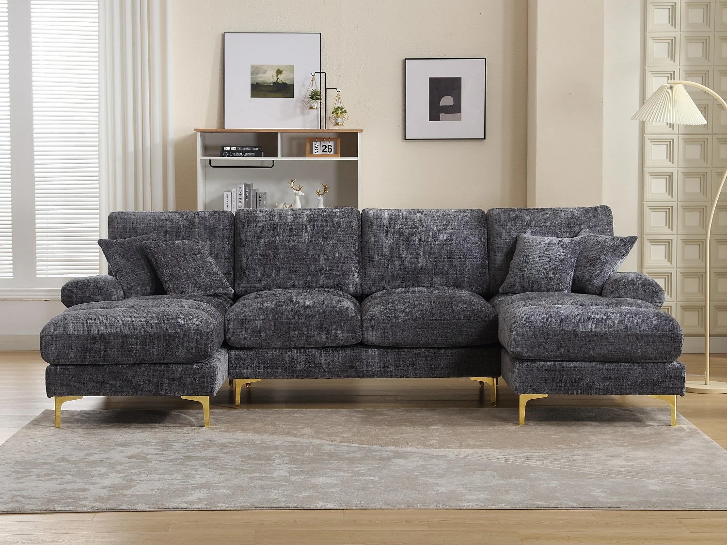 Canapé 4 Places Panoramique en Chenille Gris à Double Couche (272x136x88 cm) - Pieds Dorés pour un Confort Exceptionnel