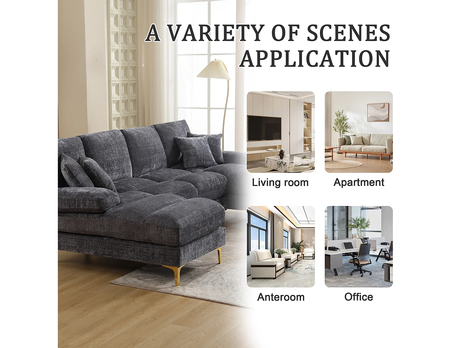 Canapé 4 Places Panoramique en Chenille Gris à Double Couche (272x136x88 cm) - Pieds Dorés pour un Confort Exceptionnel