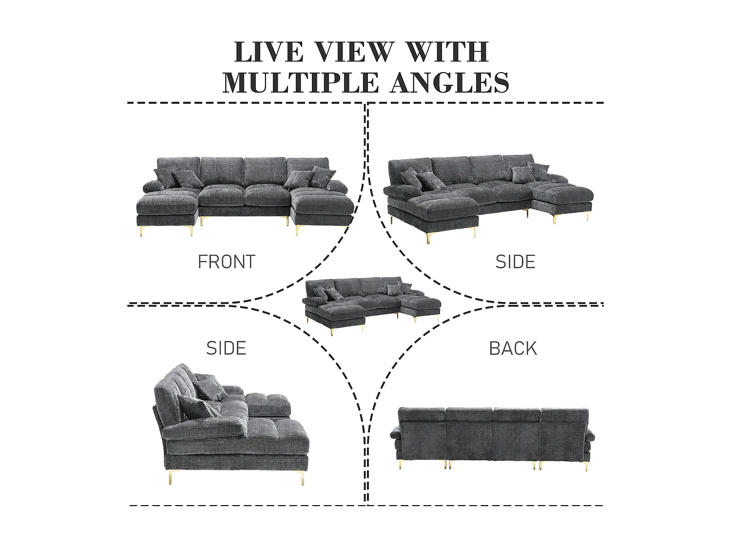 Canapé 4 Places Panoramique en Chenille Gris à Double Couche (272x136x88 cm) - Pieds Dorés pour un Confort Exceptionnel
