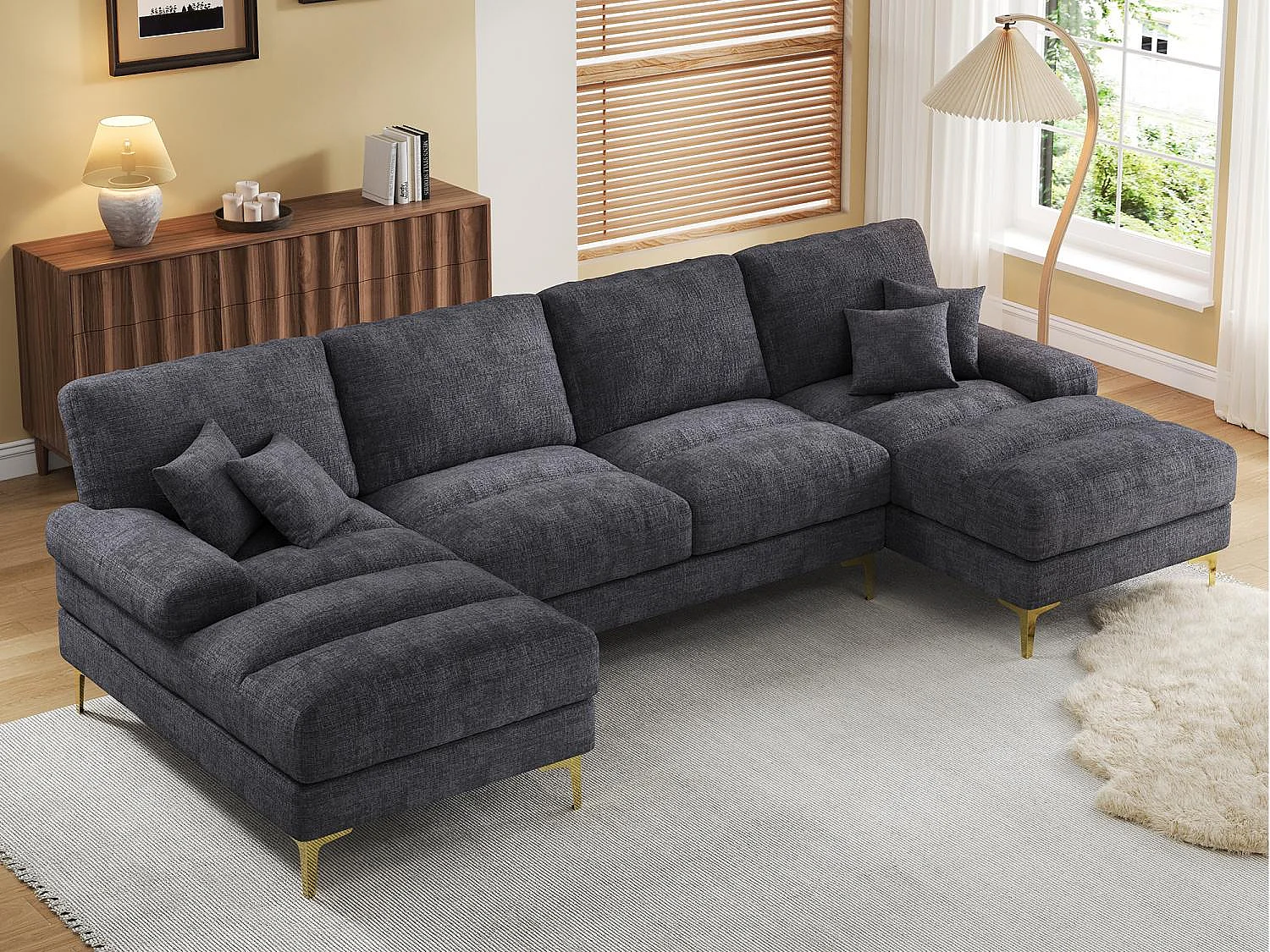 Canapé 4 Places Panoramique en Chenille Gris à Double Couche (272x136x88 cm) - Pieds Dorés pour un Confort Exceptionnel