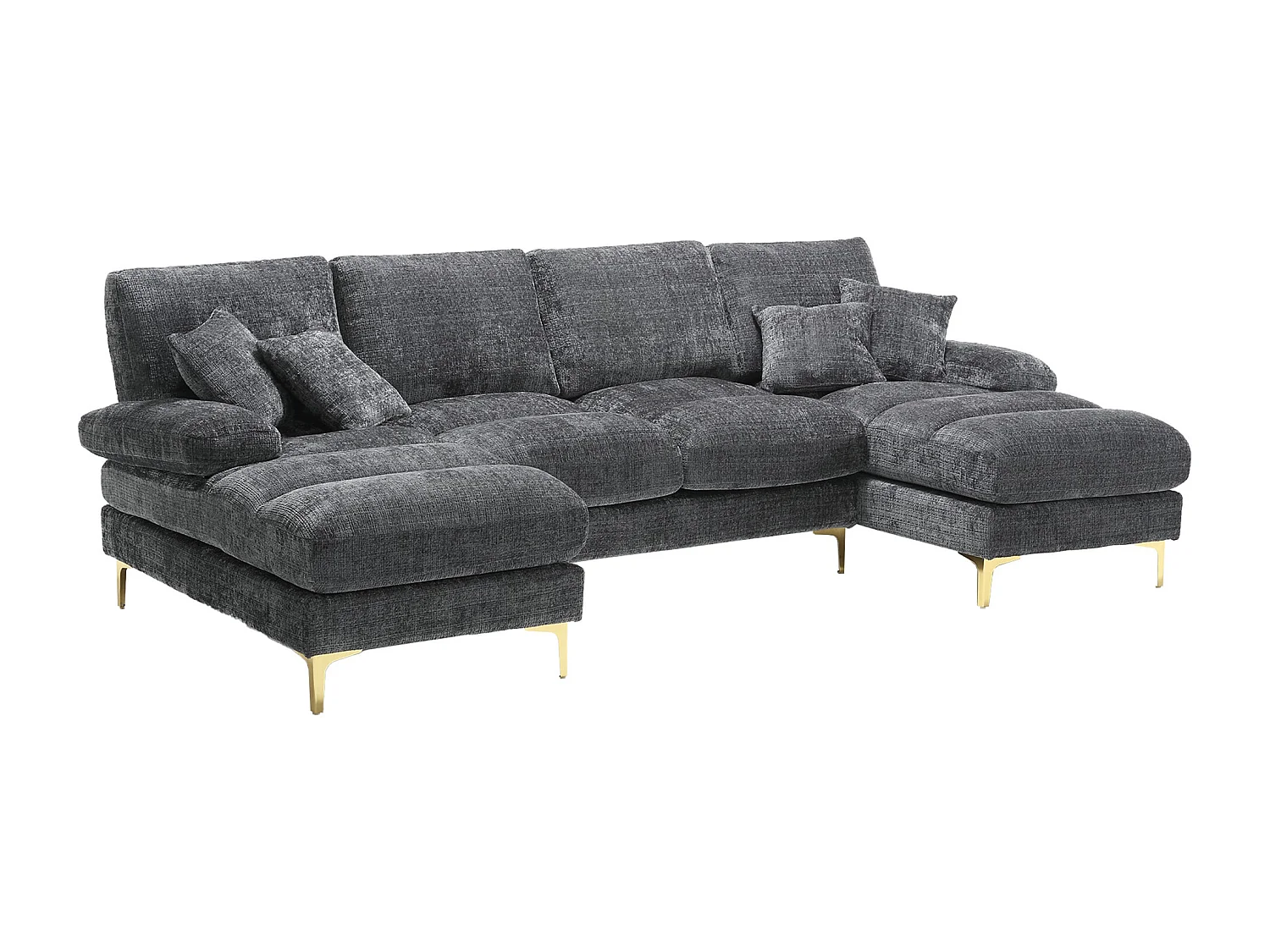 Canapé 4 Places Panoramique en Chenille Gris à Double Couche (272x136x88 cm) - Pieds Dorés pour un Confort Exceptionnel