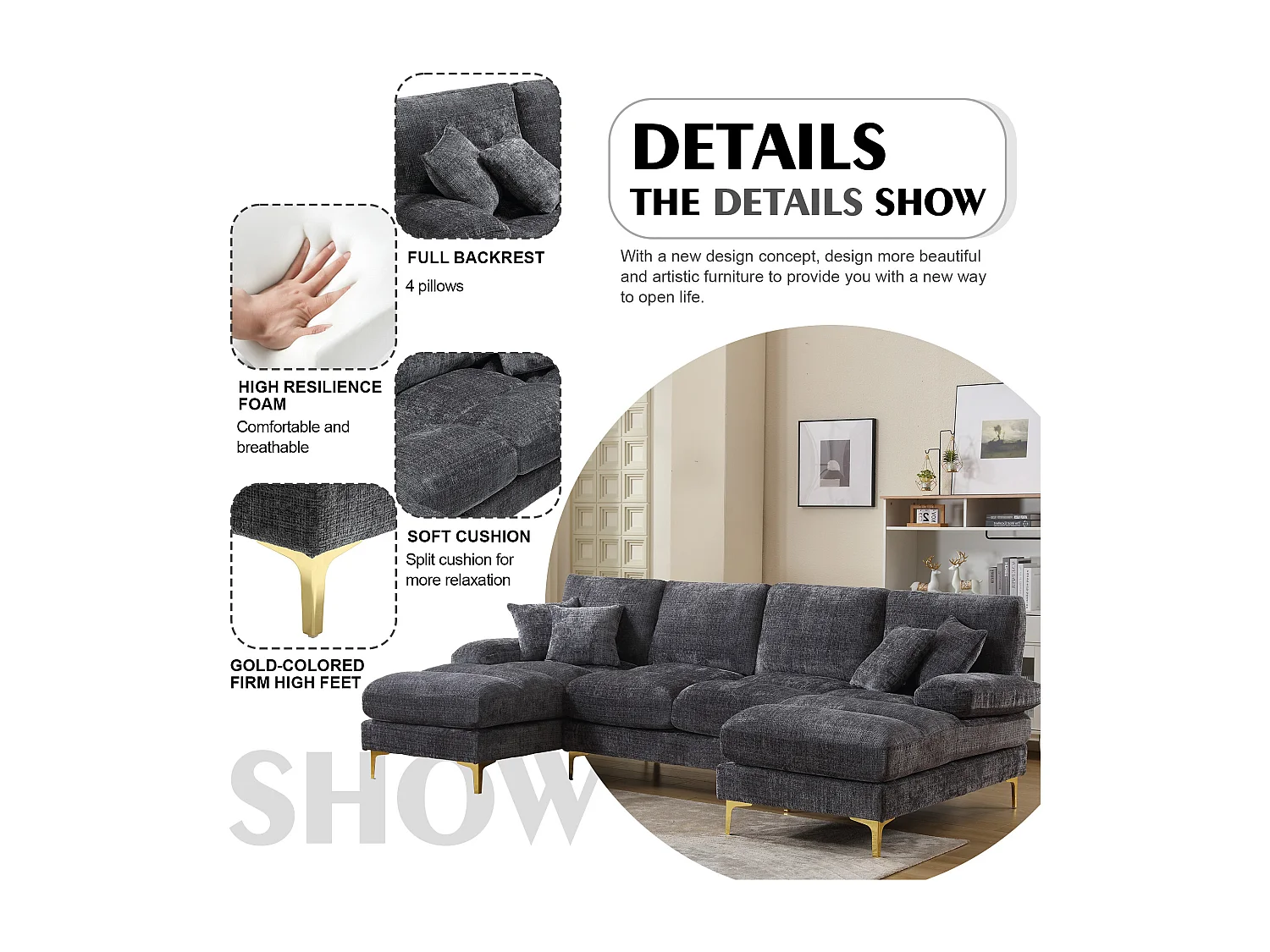 Canapé 4 Places Panoramique en Chenille Gris à Double Couche (272x136x88 cm) - Pieds Dorés pour un Confort Exceptionnel