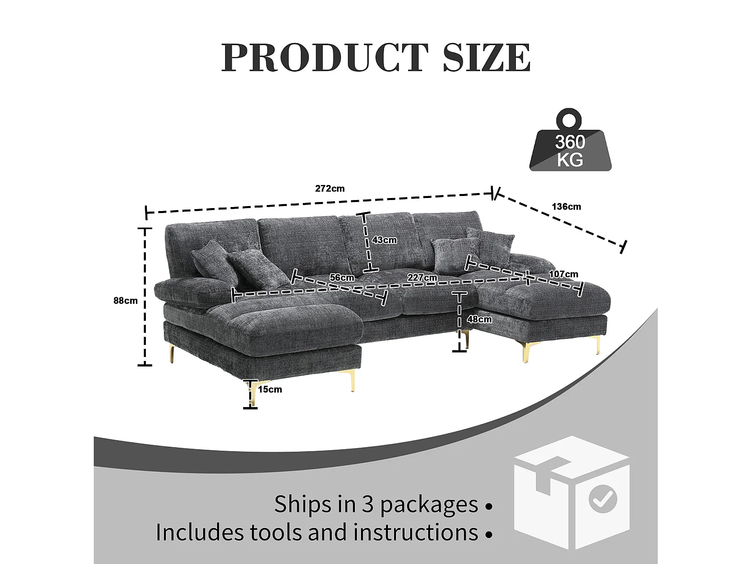 Canapé 4 Places Panoramique en Chenille Gris à Double Couche (272x136x88 cm) - Pieds Dorés pour un Confort Exceptionnel