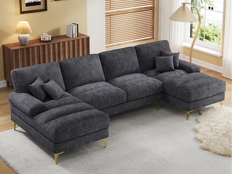 Canapé 4 Places Panoramique en Chenille Gris à Double Couche (272x136x88 cm) - Pieds Dorés pour un Confort Exceptionnel