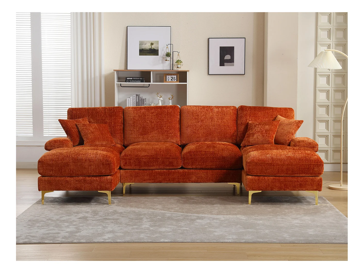 Modulaire U-vormige loungebank (272x136x88 cm) - 6 plaatsen in chenille - Omvormbaar tot bed - Relax-opstelling
