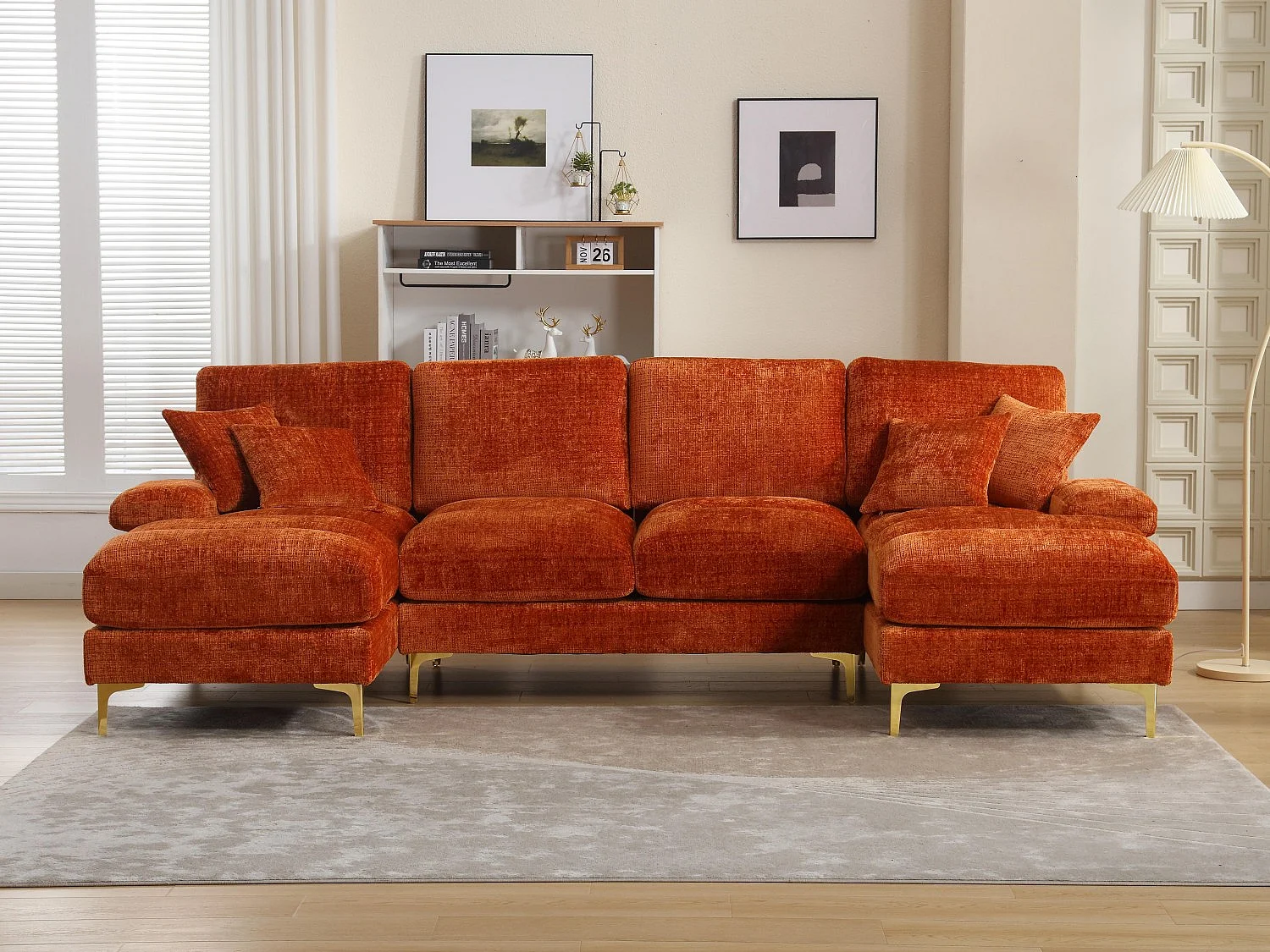 Modulaire U-vormige loungebank (272x136x88 cm) - 6 plaatsen in chenille - Omvormbaar tot bed - Relax-opstelling