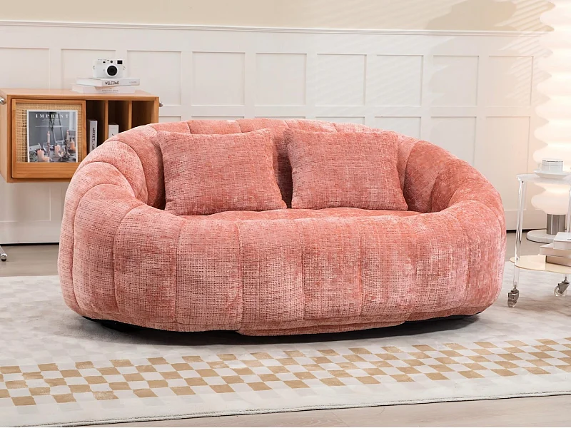 Canapé pouf 2 places rose en chenille – avec deux coussins confortables - fauteuil pouf haut dossier – ultra durable et confortable
