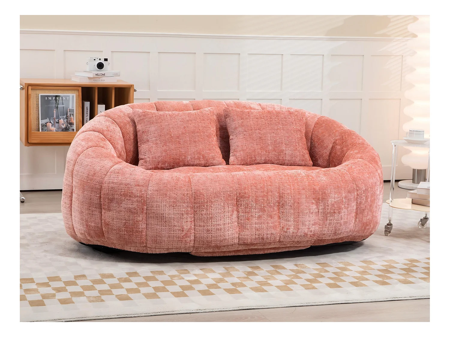 Canapé pouf 2 places rose en chenille – avec deux coussins confortables - fauteuil pouf haut dossier – ultra durable et confortable