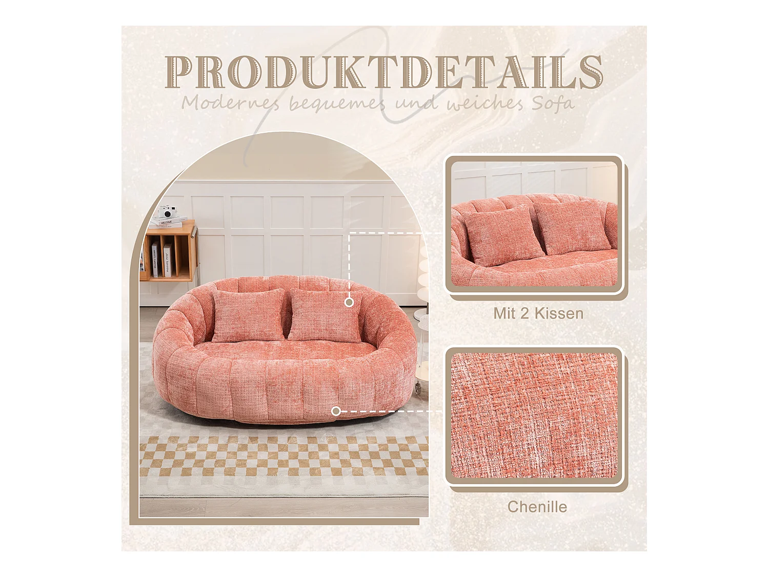 Canapé pouf 2 places rose en chenille – avec deux coussins confortables - fauteuil pouf haut dossier – ultra durable et confortable