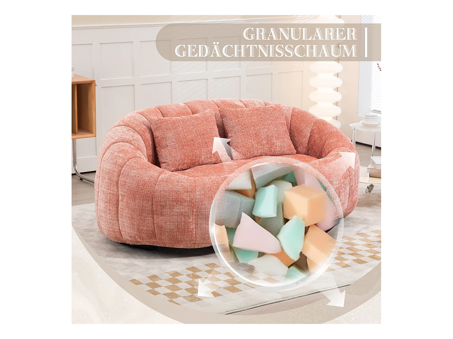 Canapé pouf 2 places rose en chenille – avec deux coussins confortables - fauteuil pouf haut dossier – ultra durable et confortable