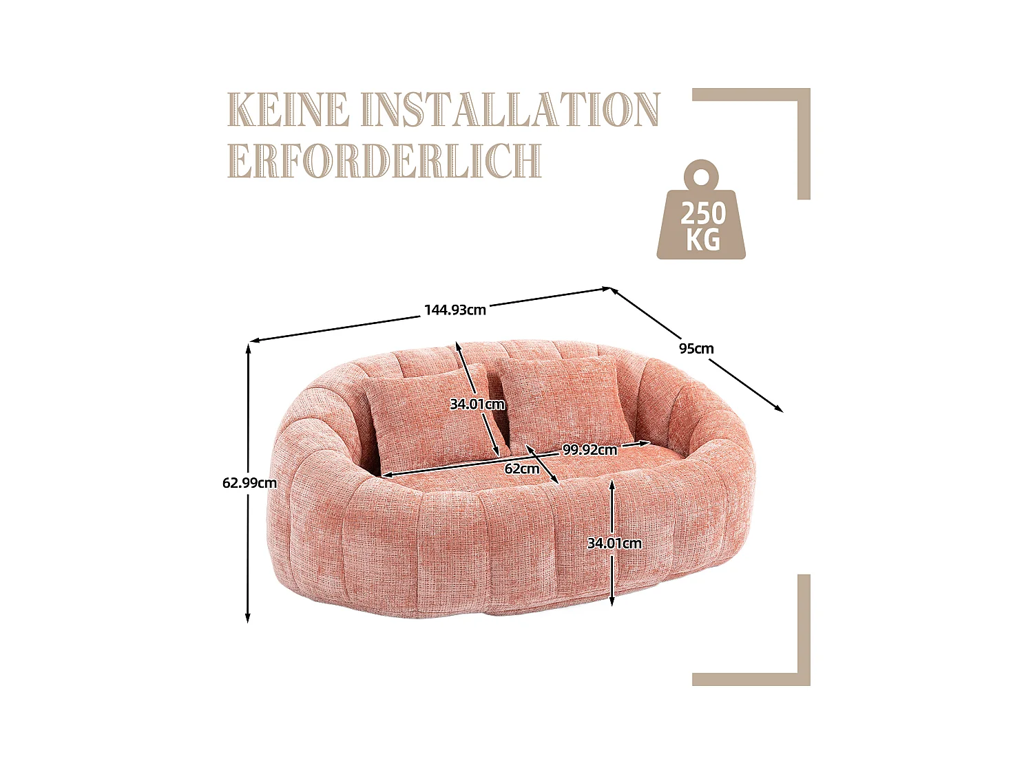Canapé pouf 2 places rose en chenille – avec deux coussins confortables - fauteuil pouf haut dossier – ultra durable et confortable
