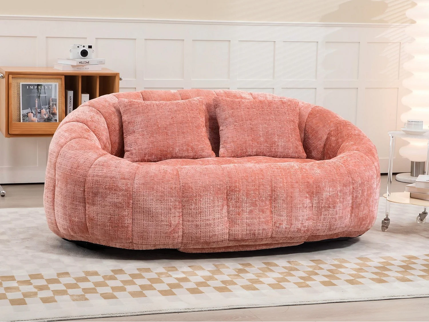 Canapé pouf 2 places rose en chenille – avec deux coussins confortables - fauteuil pouf haut dossier – ultra durable et confortable
