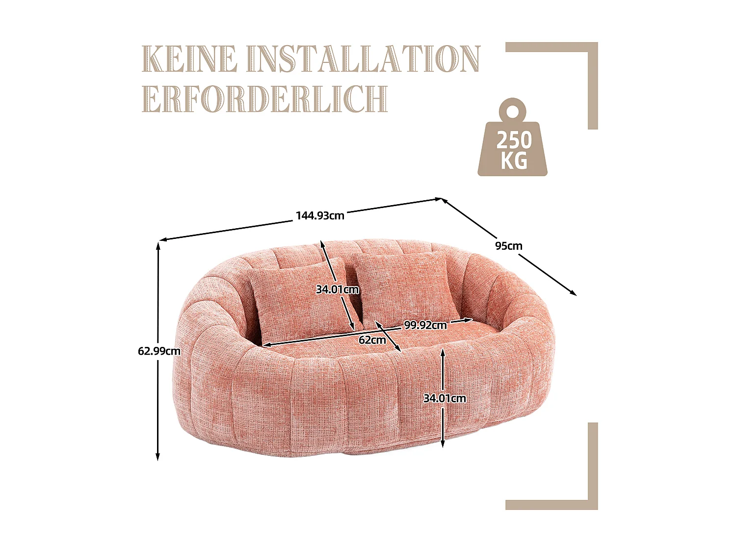 Canapé pouf 2 places rose en chenille – avec deux coussins confortables - fauteuil pouf haut dossier – ultra durable et confortable