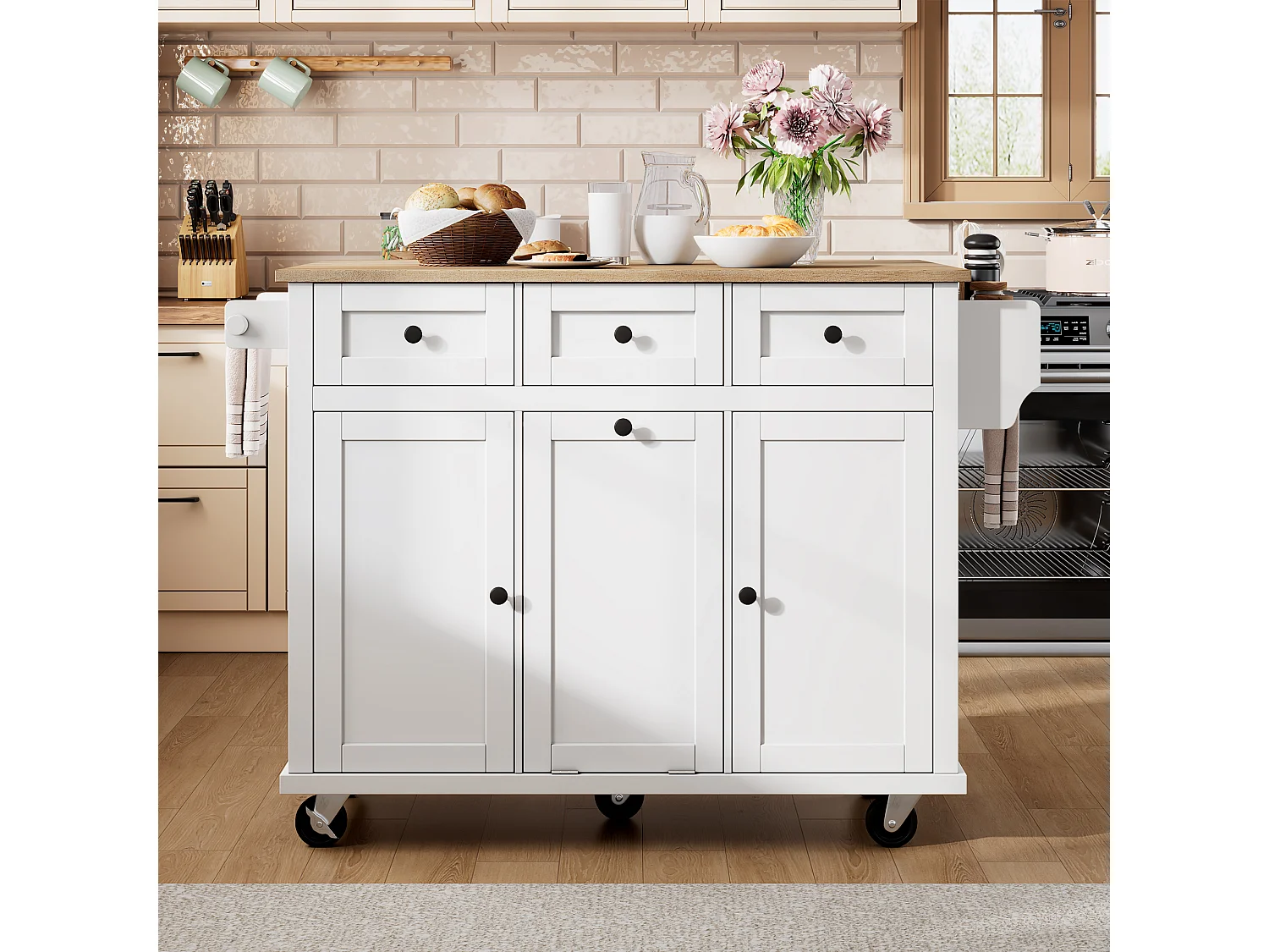 Ilot central de cuisine mobile 126x46.8x94.2cm - avec roulettes - 3 tiroirs et 3 portes - plateau extensible - avec porte-serviettes - blanc