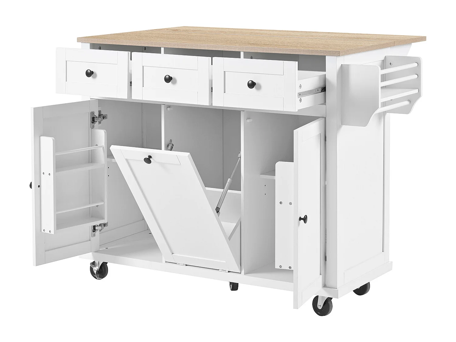 Ilot central de cuisine mobile 126x46.8x94.2cm - avec roulettes - 3 tiroirs et 3 portes - plateau extensible - avec porte-serviettes - blanc