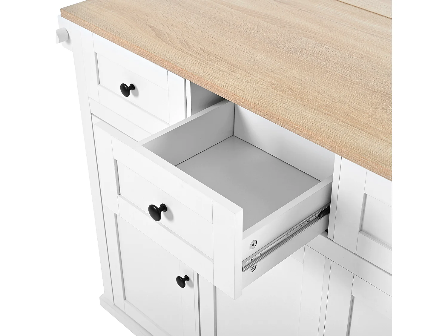 Ilot central de cuisine mobile 126x46.8x94.2cm - avec roulettes - 3 tiroirs et 3 portes - plateau extensible - avec porte-serviettes - blanc