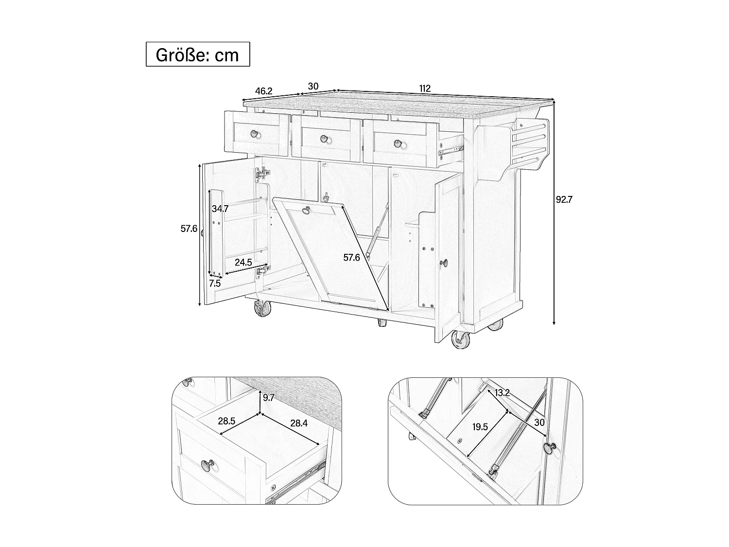 Ilot central de cuisine mobile 131.2x46.2x92.7cm - avec roulettes - 3 tiroirs et 3 portes - plateau extensible - avec porte-serviettes - blanc