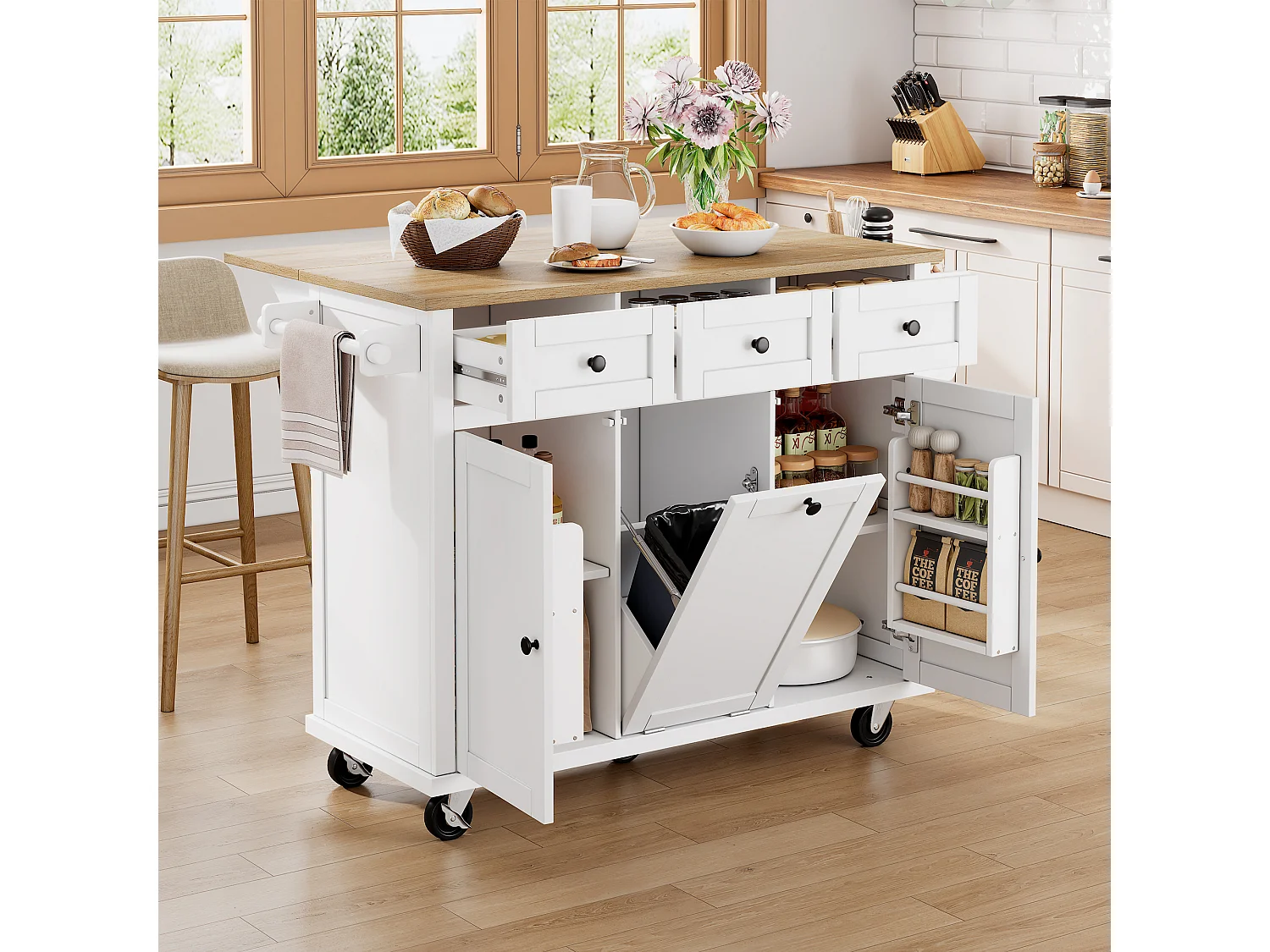 Ilot central de cuisine mobile 126x46.8x94.2cm - avec roulettes - 3 tiroirs et 3 portes - plateau extensible - avec porte-serviettes - blanc