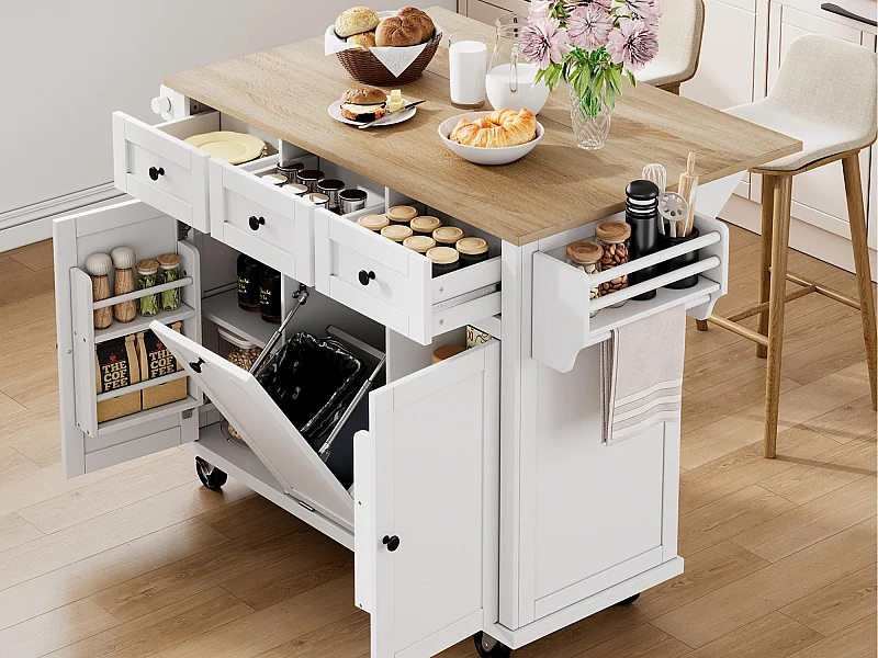 Mobilna wyspa kuchenna 126×46,8×94,2 cm - z kółkami - 3 szuflady i 3 drzwi - rozsuwana blata - z wieszakiem na ręczniki - biała