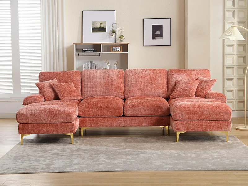 Modulaire U-vormige loungebank (272x136x88 cm) - 6 plaatsen in chenille - Omvormbaar tot bed - Relax-opstelling