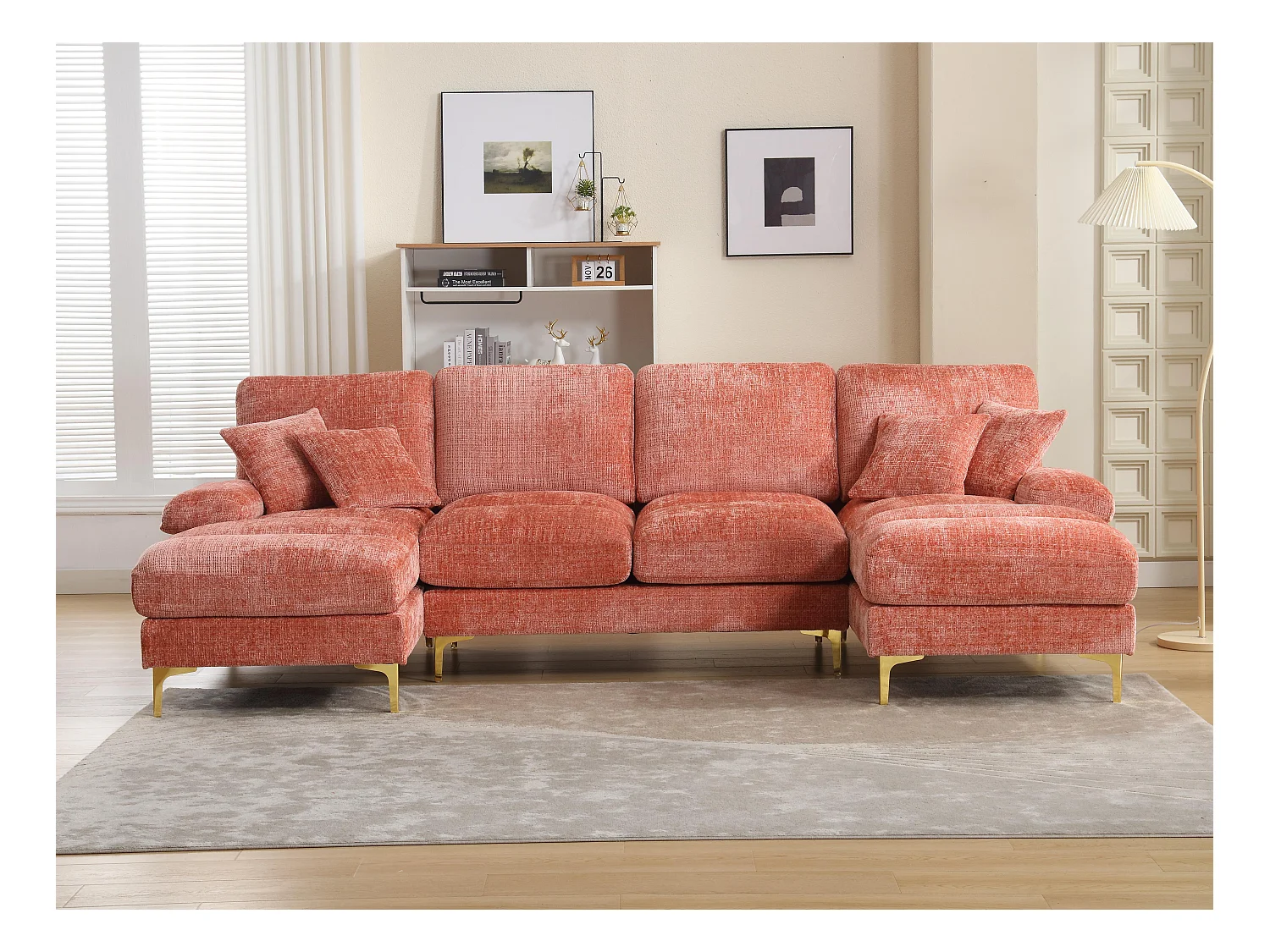 Canapé 4 Places Panoramique en Chenille Rose à Double Couche (272x136x88 cm) - Pieds Dorés pour un Confort Exceptionnel