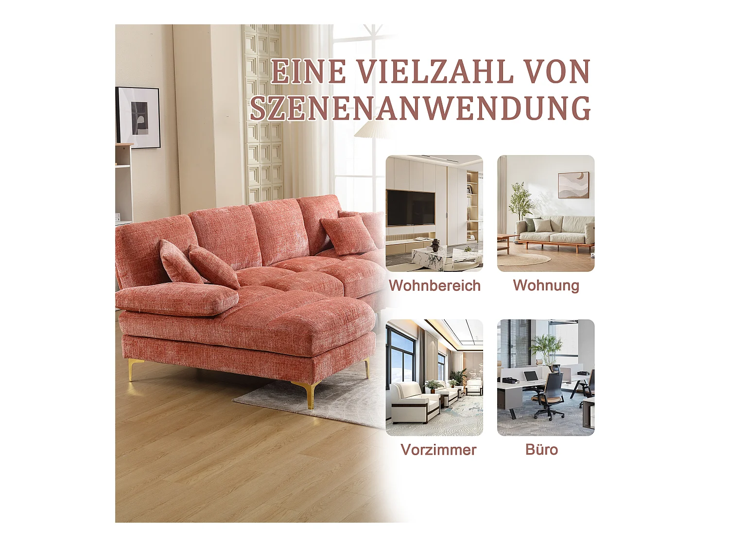 Canapé 4 Places Panoramique en Chenille Rose à Double Couche (272x136x88 cm) - Pieds Dorés pour un Confort Exceptionnel