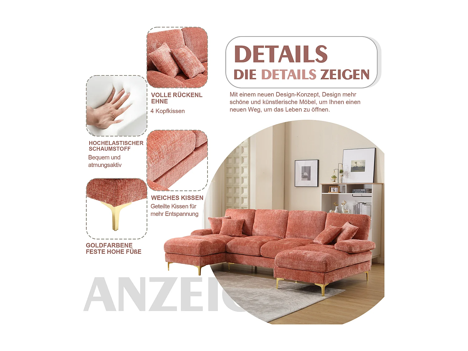 Canapé 4 Places Panoramique en Chenille Rose à Double Couche (272x136x88 cm) - Pieds Dorés pour un Confort Exceptionnel