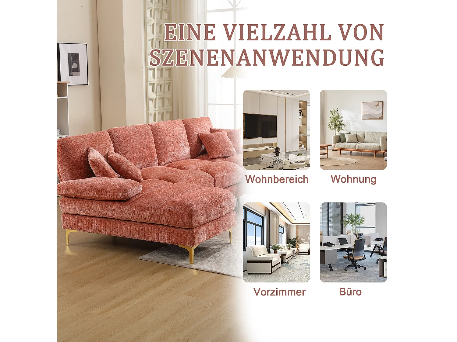 Canapé 4 Places Panoramique en Chenille Rose à Double Couche (272x136x88 cm) - Pieds Dorés pour un Confort Exceptionnel