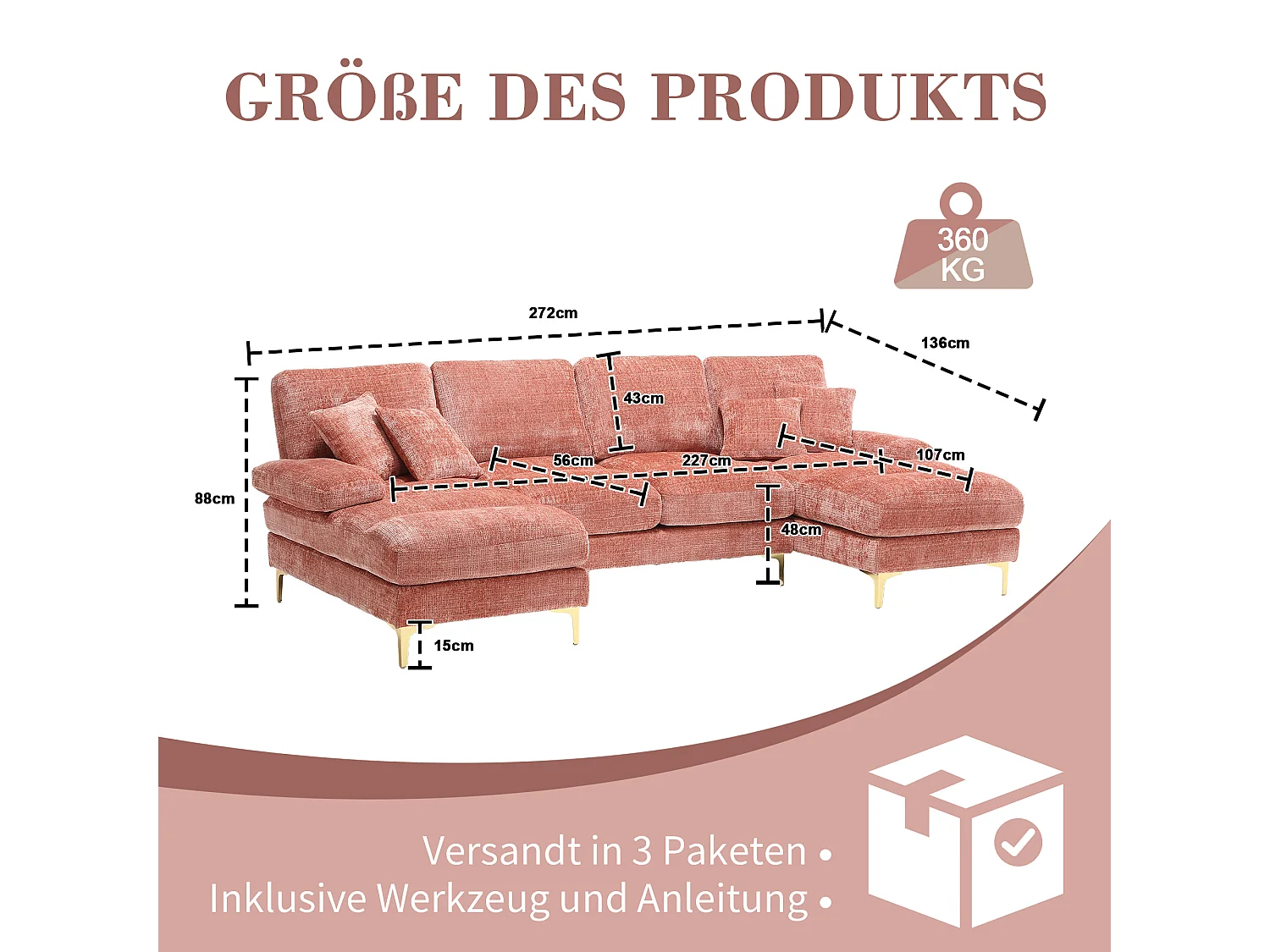 Canapé 4 Places Panoramique en Chenille Rose à Double Couche (272x136x88 cm) - Pieds Dorés pour un Confort Exceptionnel