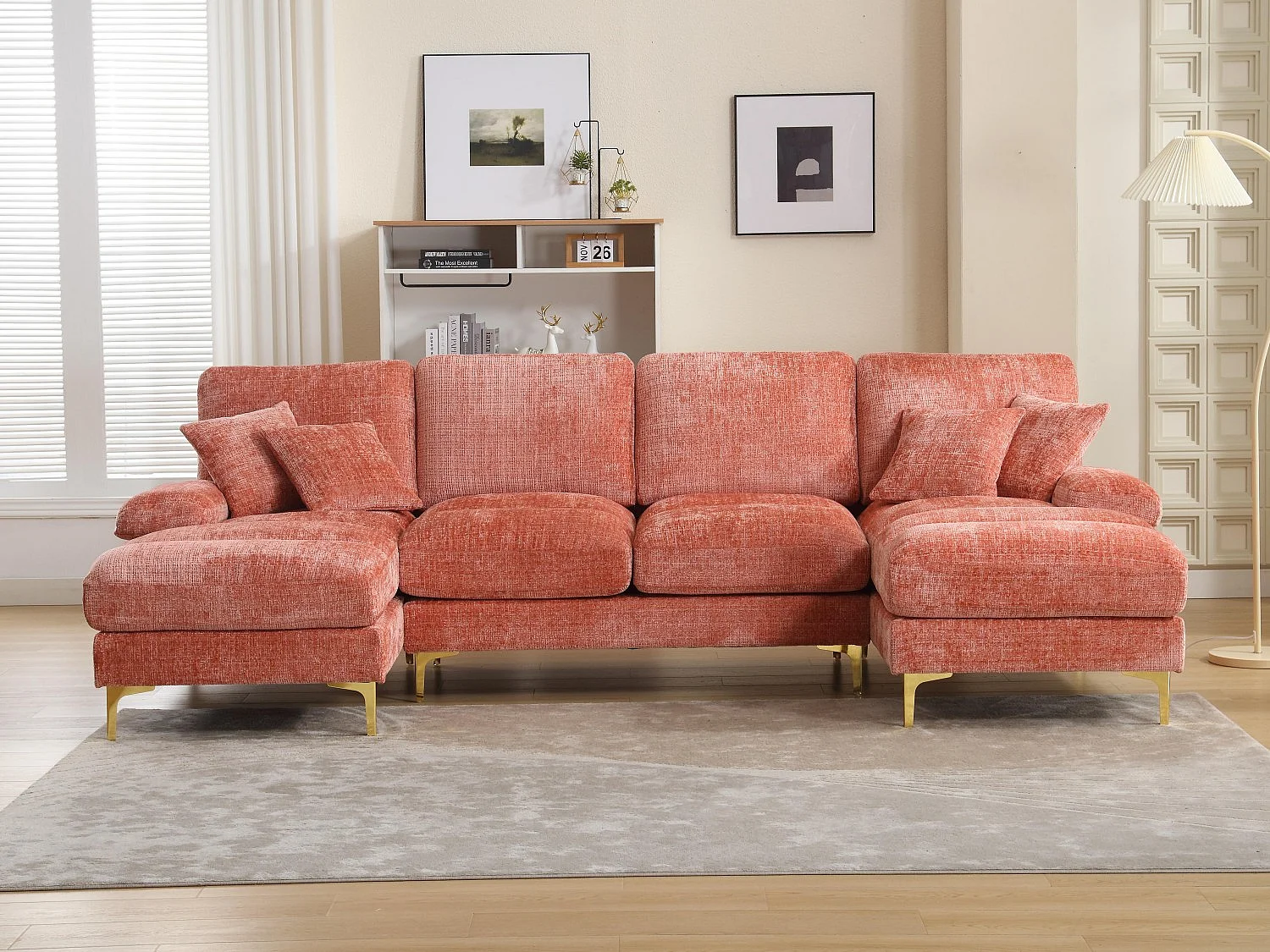 Canapé 4 Places Panoramique en Chenille Rose à Double Couche (272x136x88 cm) - Pieds Dorés pour un Confort Exceptionnel