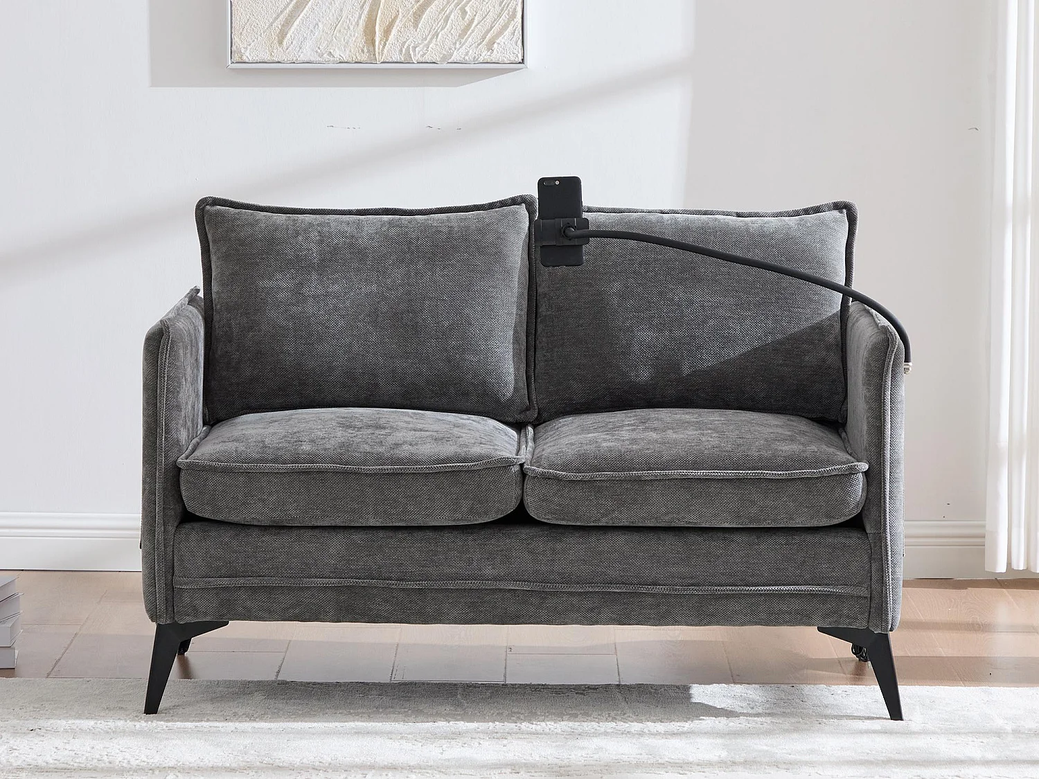 Canapé 2 places en tissu chenille gris – support téléphone – port USB et poches latérales  – Idéal pour salon, bureau ou chambre