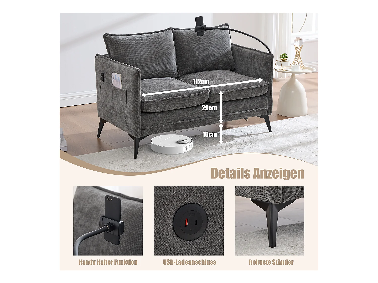 Canapé 2 places en tissu chenille gris – support téléphone – port USB et poches latérales  – Idéal pour salon, bureau ou chambre