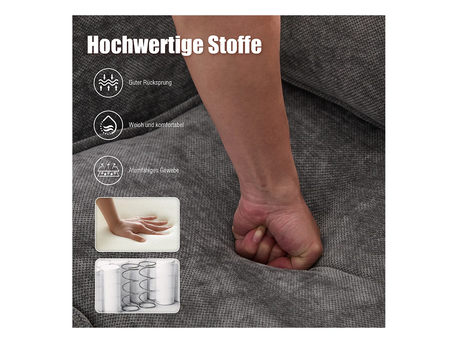 Canapé 2 places en tissu chenille gris – support téléphone – port USB et poches latérales  – Idéal pour salon, bureau ou chambre