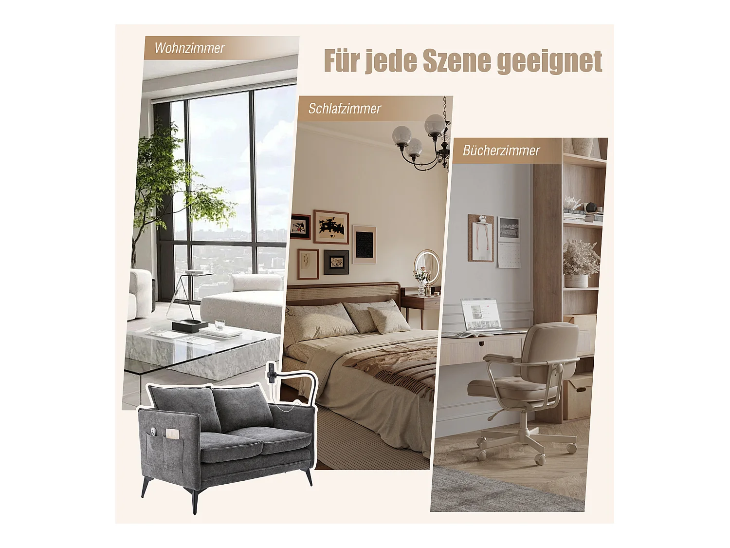 Canapé 2 places en tissu chenille gris – support téléphone – port USB et poches latérales  – Idéal pour salon, bureau ou chambre