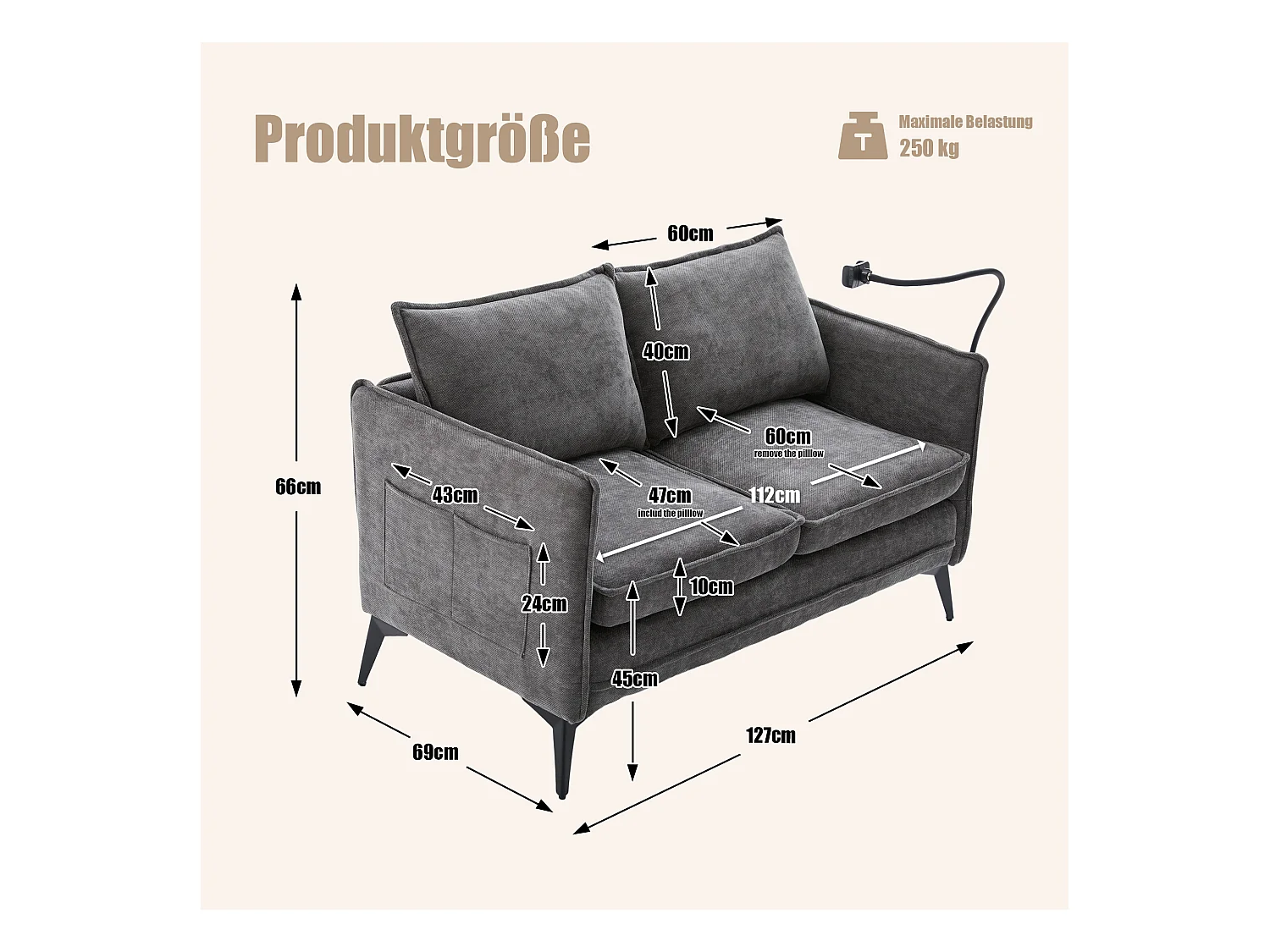 Canapé 2 places en tissu chenille gris – support téléphone – port USB et poches latérales  – Idéal pour salon, bureau ou chambre