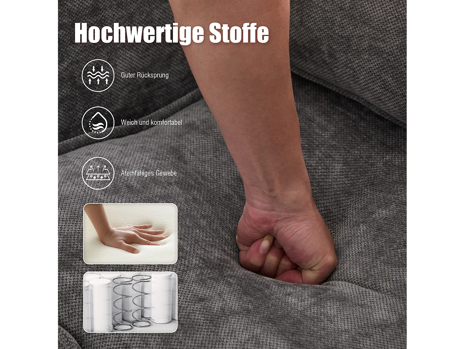 Canapé 2 places en tissu chenille gris – support téléphone – port USB et poches latérales  – Idéal pour salon, bureau ou chambre