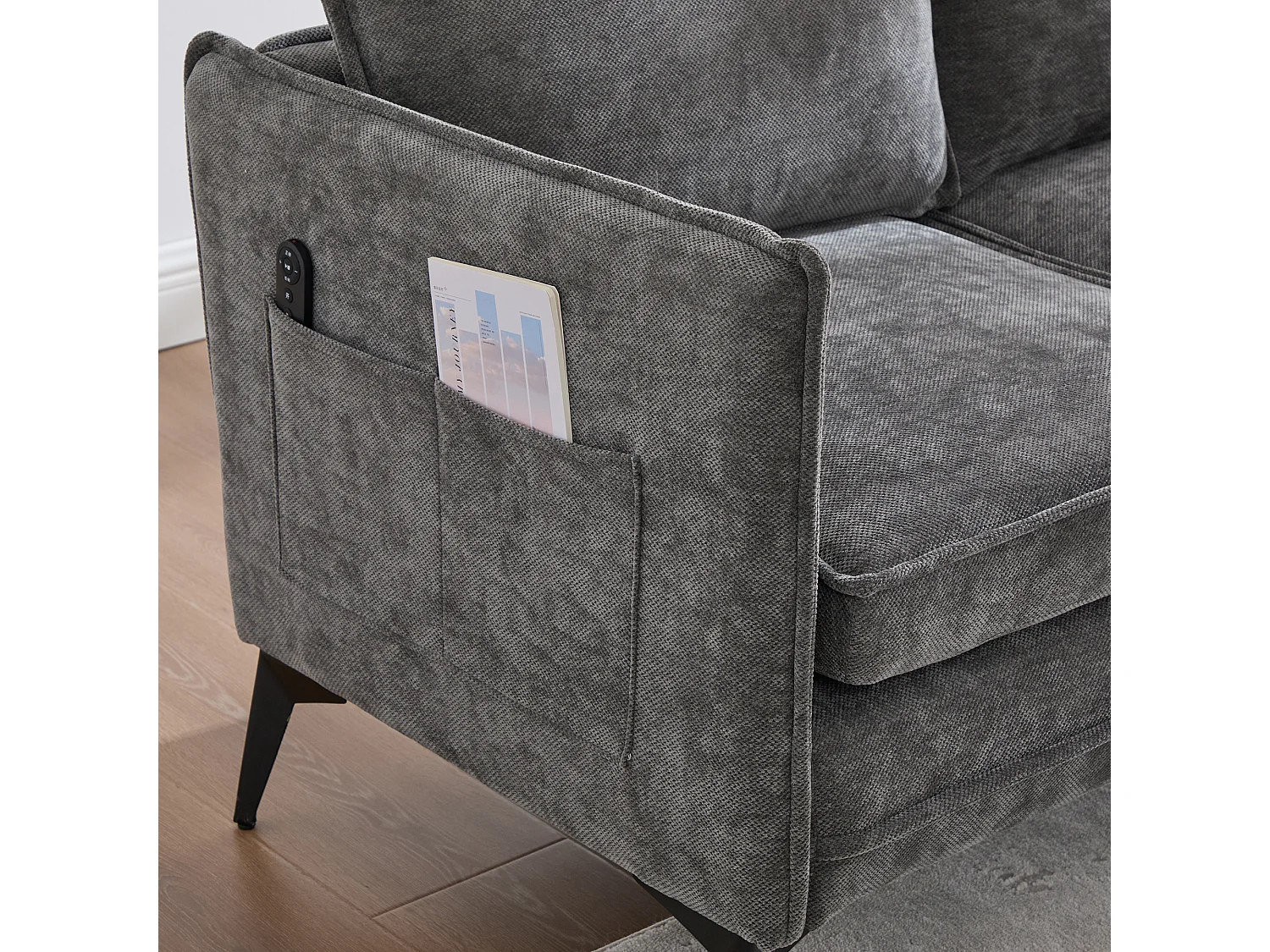 Canapé 2 places en tissu chenille gris – support téléphone – port USB et poches latérales  – Idéal pour salon, bureau ou chambre