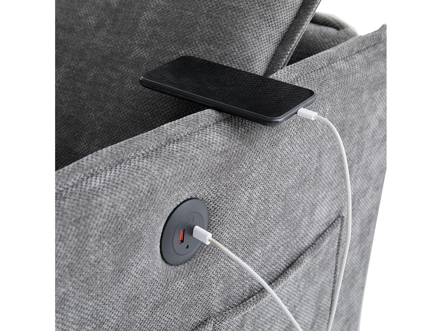 Canapé 2 places en tissu chenille gris – support téléphone – port USB et poches latérales  – Idéal pour salon, bureau ou chambre