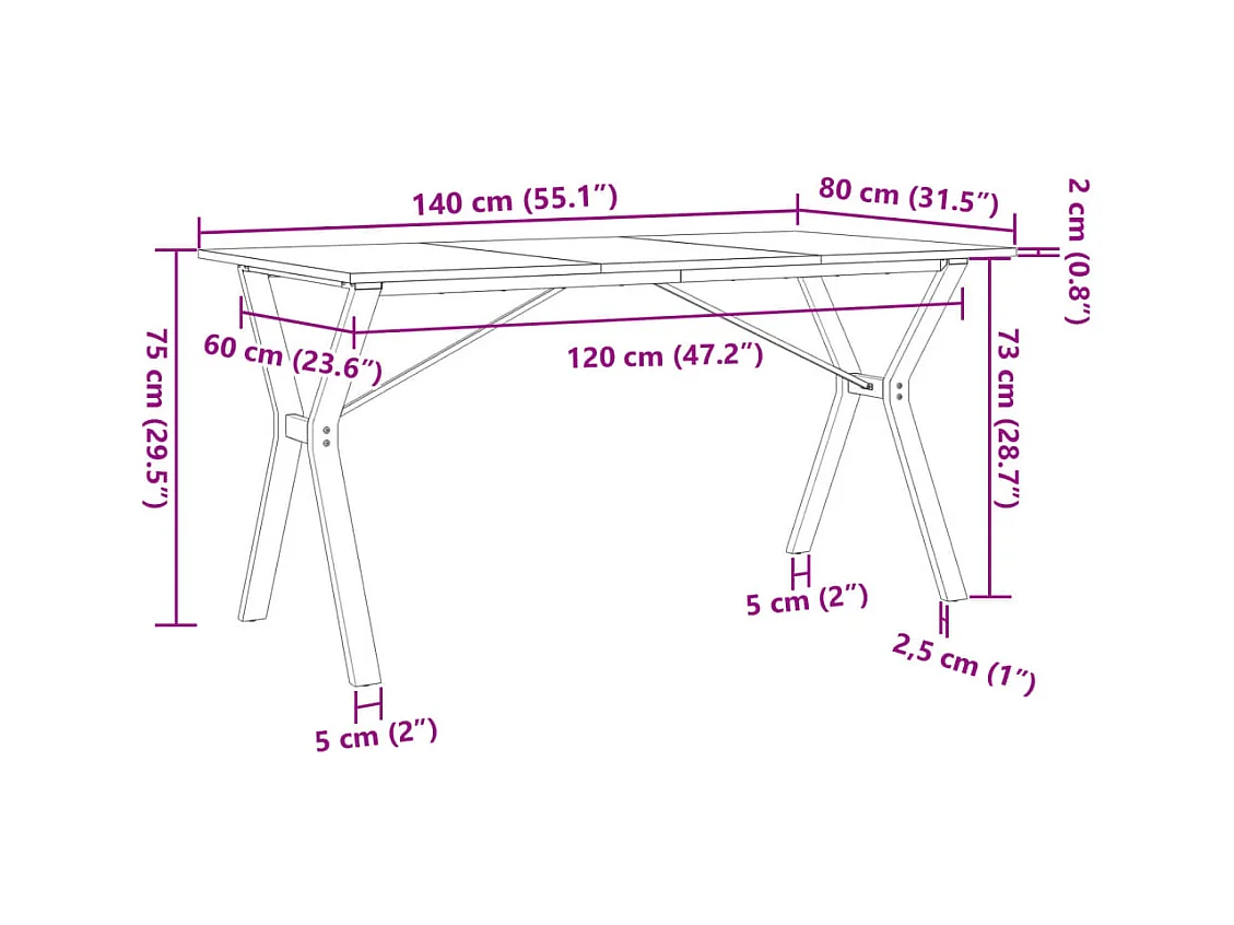Table à manger cadre en Y 140x80x75 cm bois de pin massif acier