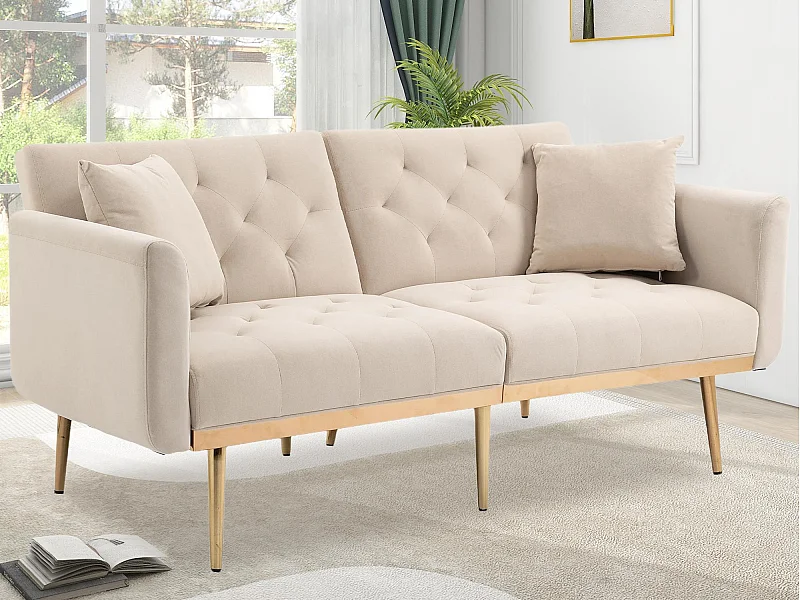Canapé 2 Places en Tissu Velour Beige à Pieds Dorés - Design Luxe et Élégant – 2 Coussins Inclus