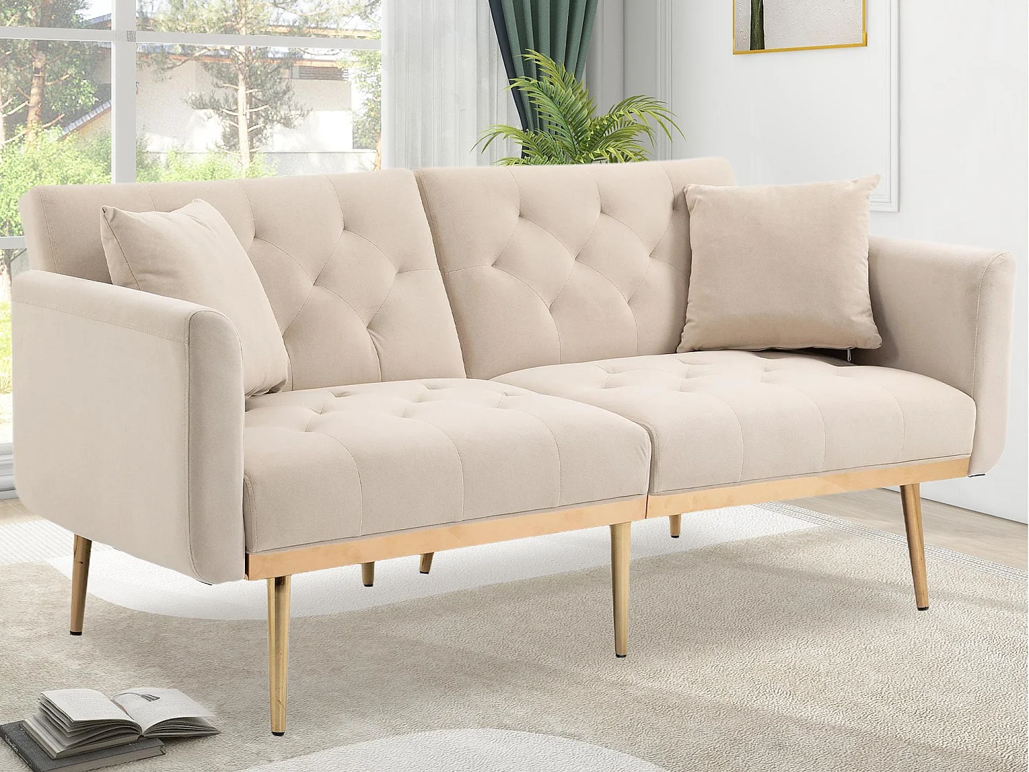 Canapé 2 Places en Tissu Velour Beige à Pieds Dorés - Design Luxe et Élégant – 2 Coussins Inclus