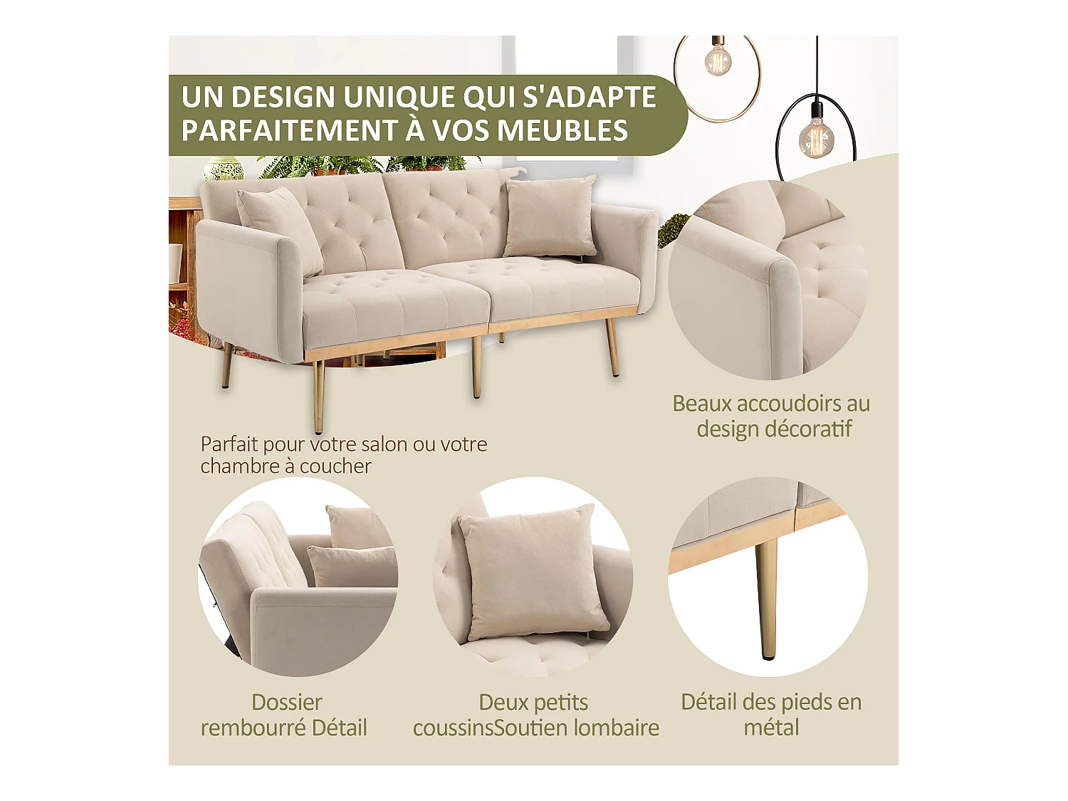 Canapé 2 Places en Tissu Velour Beige à Pieds Dorés - Design Luxe et Élégant – 2 Coussins Inclus