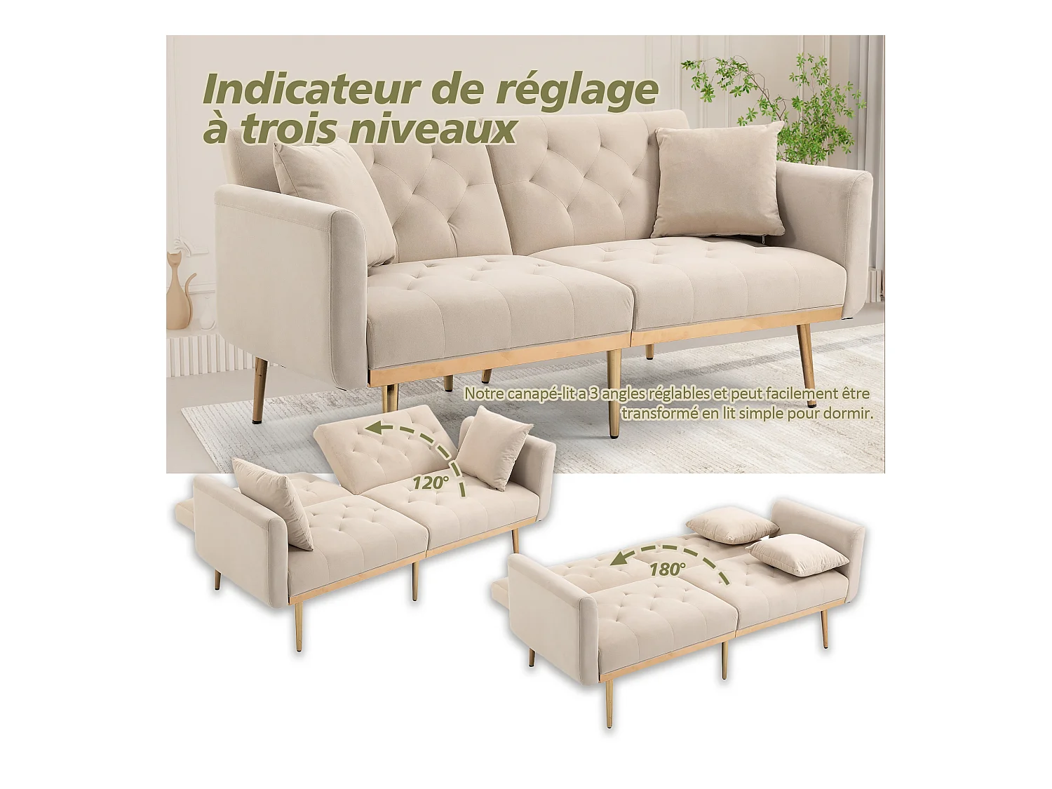 Canapé 2 Places en Tissu Velour Beige à Pieds Dorés - Design Luxe et Élégant – 2 Coussins Inclus