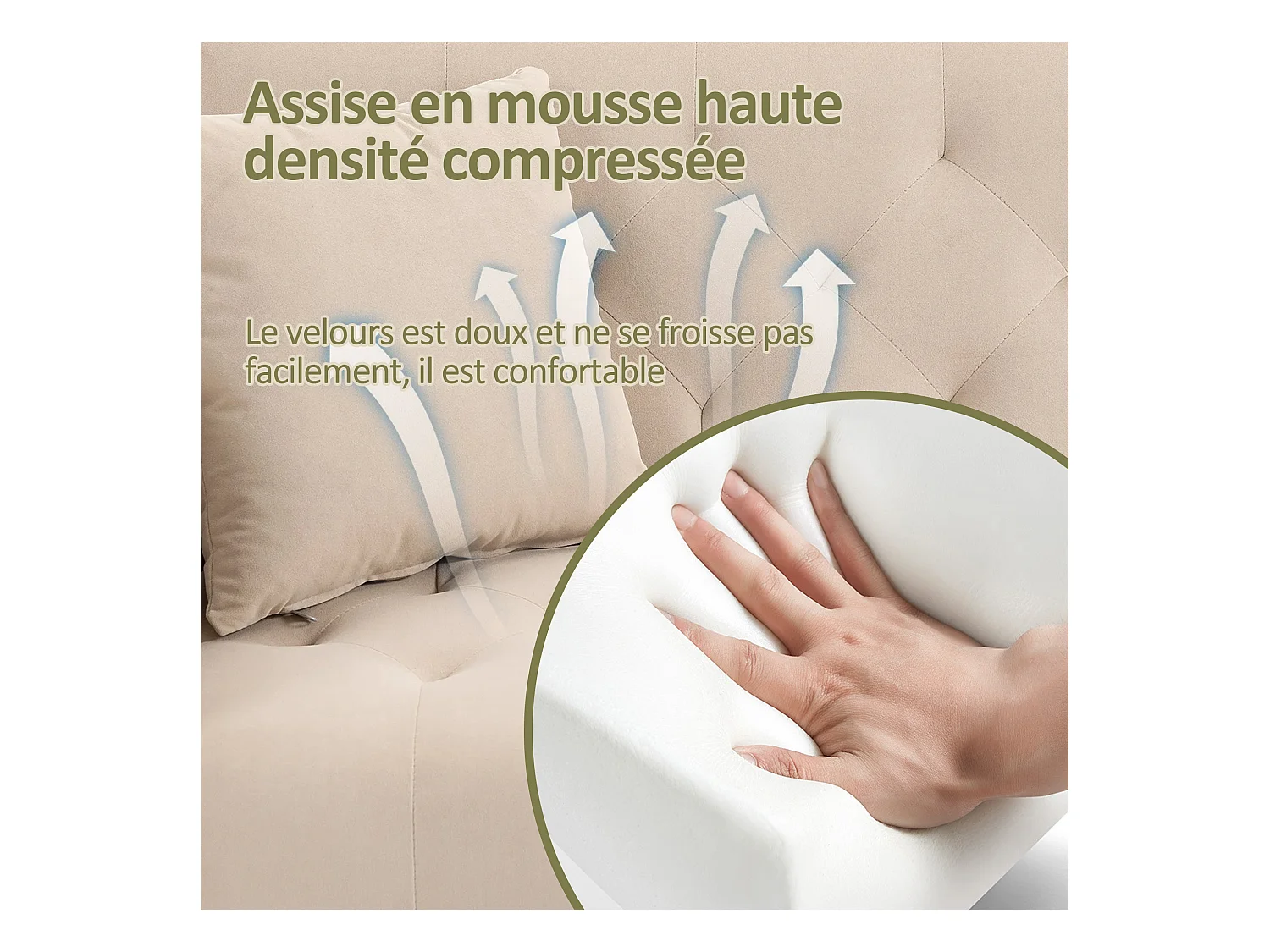 Canapé 2 Places en Tissu Velour Beige à Pieds Dorés - Design Luxe et Élégant – 2 Coussins Inclus