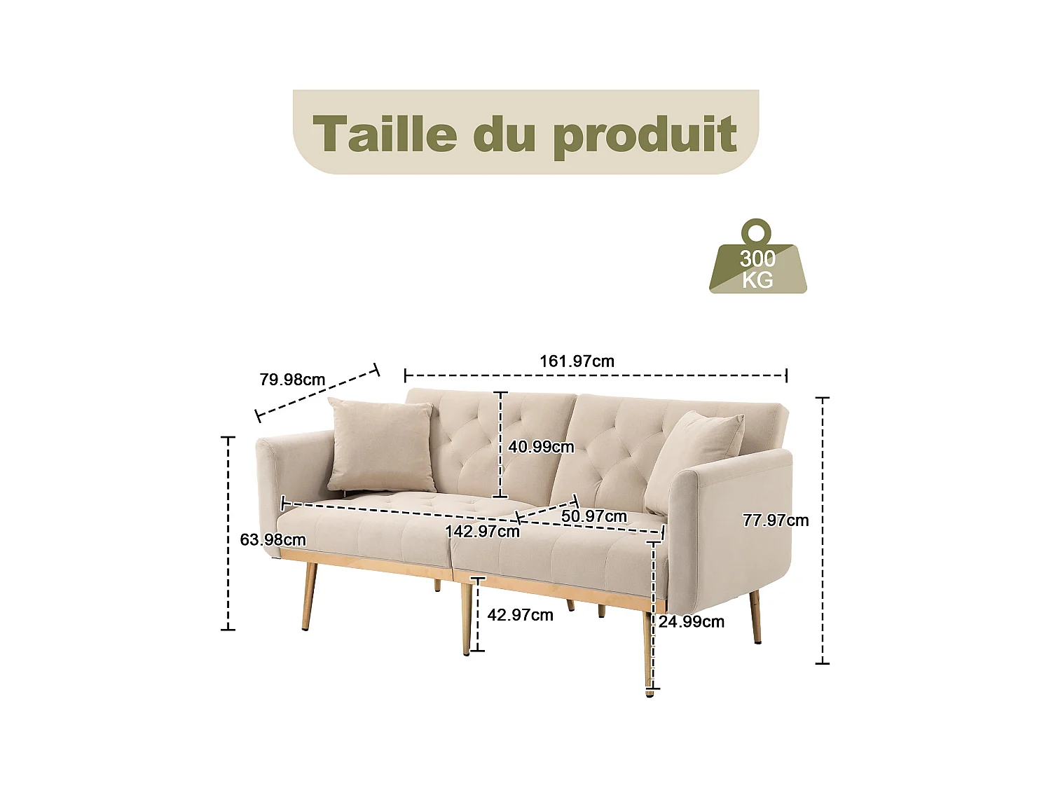 Canapé 2 Places en Tissu Velour Beige à Pieds Dorés - Design Luxe et Élégant – 2 Coussins Inclus
