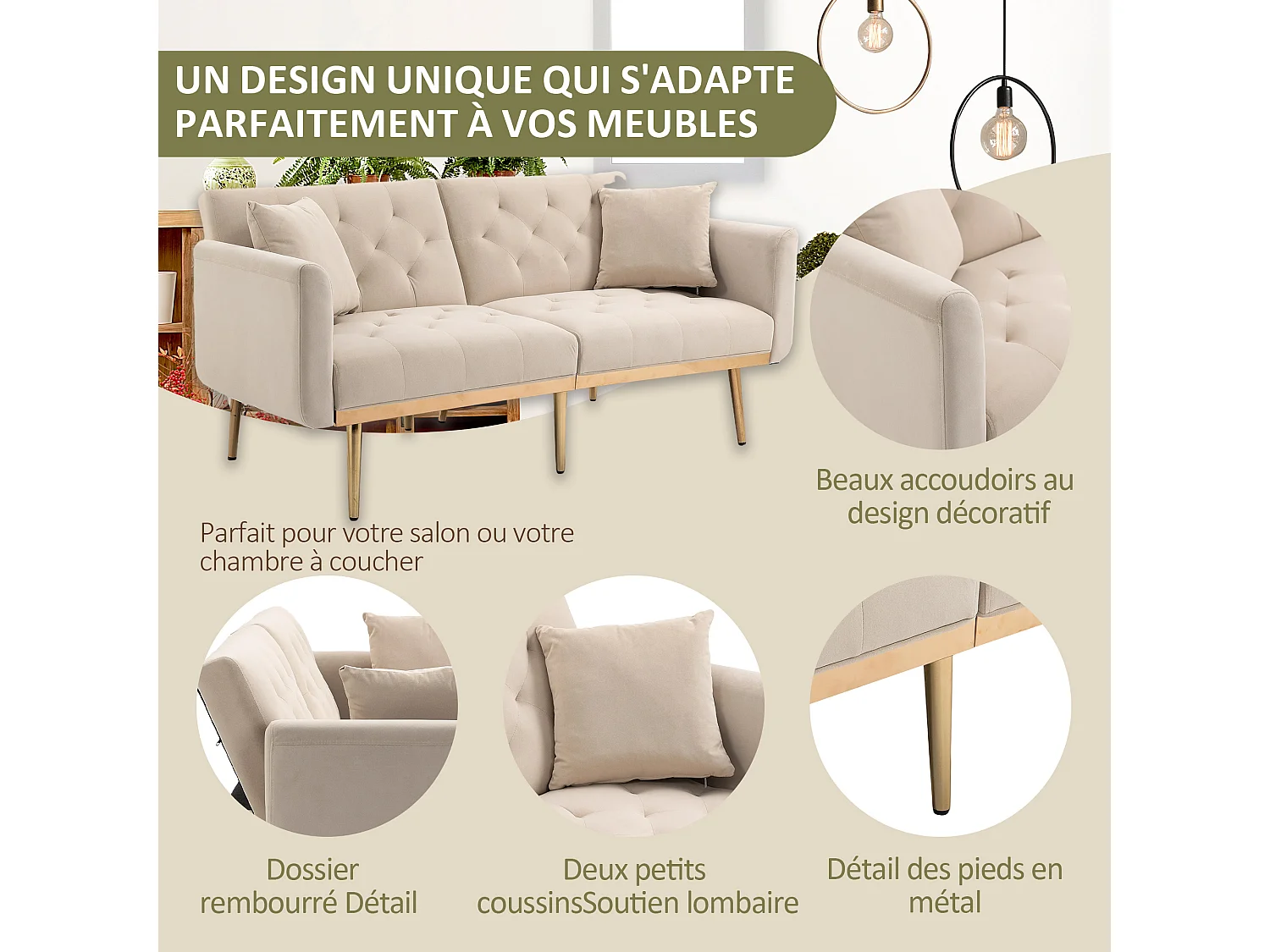 Canapé 2 Places en Tissu Velour Beige à Pieds Dorés - Design Luxe et Élégant – 2 Coussins Inclus